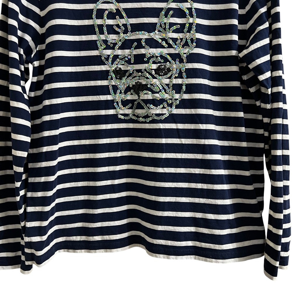 J.Crew Net-A-Porter Women Navy White Striped Sequin French Bulldog Tee M - Picture 3 of 8
